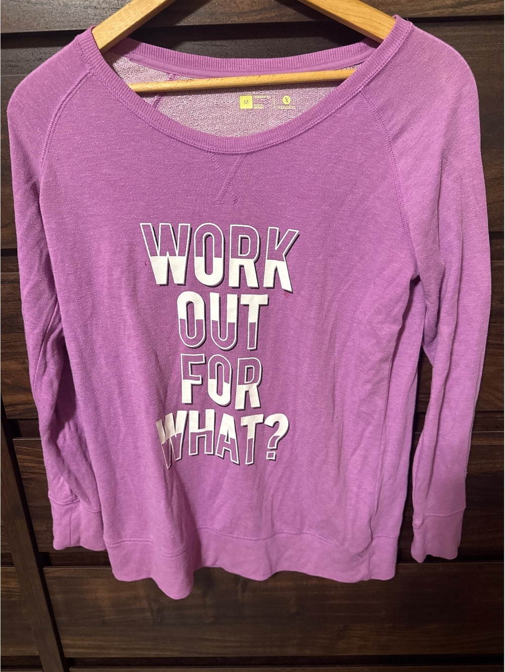 Xersion Medium Purple Sweatshirt with 'WORK OUT FOR WHAT?' Graphic